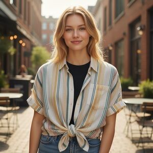 Madewell size large linen pineapple striped Button-Up Shirt with Tie Front
